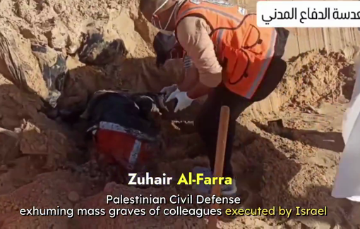 Thumbnail preview image for the video titled: Bodies of 16 rescue workers killed by Israel found in a mass grave in Rafah