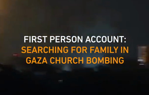 Thumbnail preview image for the video titled: A Christian Palestinian man in Gaza searching for his family after israeli airstrike on St Porphyrus