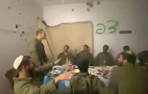 Thumbnail preview image for the video titled: IDF troops celebrating Passover in a home belonging to displaced or killed Palestinians