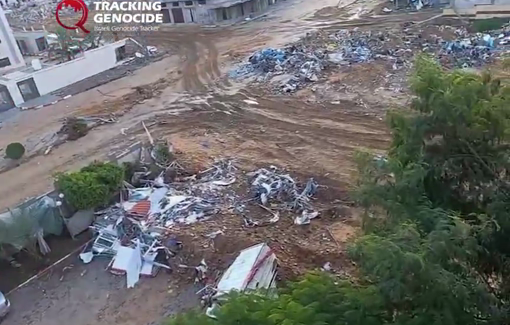 Thumbnail preview image for the video titled: Israeli Golani soldier peeing from window in front of the Kidney Nour Al-Kaabi center