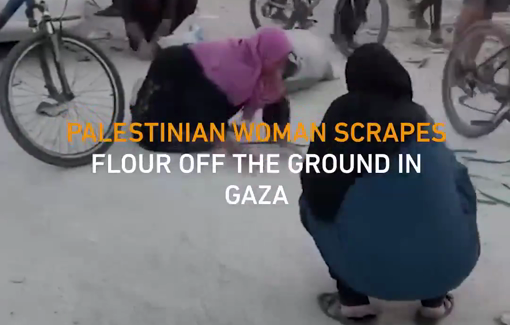 Thumbnail preview image for the video titled: Palestinian woman scrapes spilled flour off the ground to feed her children