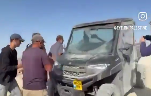 Thumbnail preview image for the video titled: Israeli settlers drove an ATV into a group of Palestinian residents and solidarity activists in Khirbet Al-Dabaa