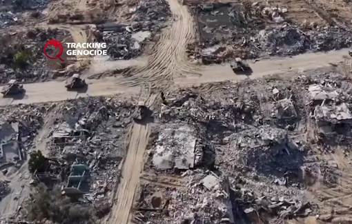 Thumbnail preview image for the video titled: Israeli tank platoons show off their volley fire by shelling Khan Younis