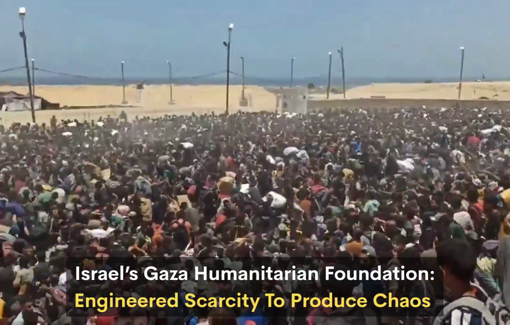 Thumbnail preview image for the video titled: Chaotic aid "distribution" at one of the GHF's sites