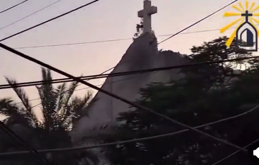 Thumbnail preview image for the video titled: Bells of the dammaged Holy Family Church echo in Gaza City