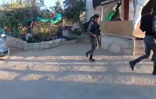 Thumbnail preview image for the video titled: Dozens of settlers, backed by the Border Police and the army, invaded the village of Tuwani in order to steal sheep from the residents' herds