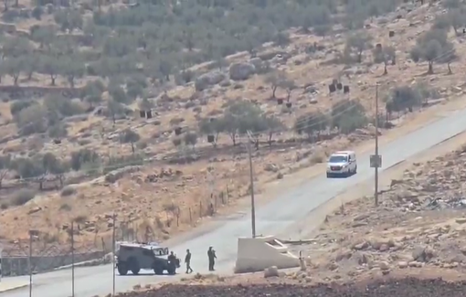 Thumbnail preview image for the video titled: Israeli soldiers detained a Red Crescent ambulance team at the entrance of Al-Mughayyir