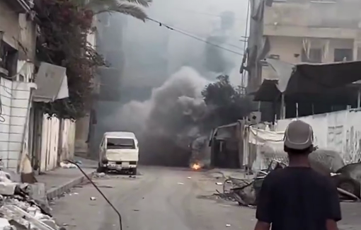 Thumbnail preview image for the video titled: Fire breaks out after Israeli drones dropped explosive charges on homes in Gaza City