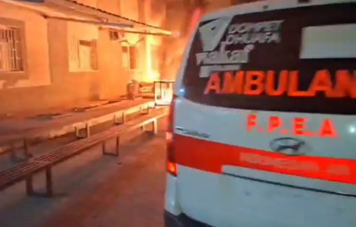 Thumbnail preview image for the video titled: Ambulances set on fire by Israeli drones dropping incendiary bombs