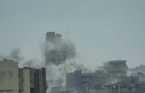 Thumbnail preview image for the video titled: Double Israeli airstrike destroys Al-Roya Tower 2