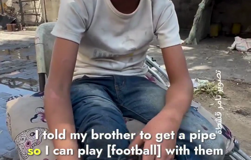 Thumbnail preview image for the video titled: Wounded child Rateb's improvised prosthetic leg to keep playing football