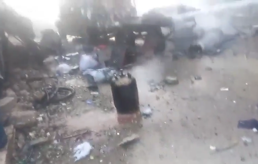 Thumbnail preview image for the video titled: Civil Defense crews extinguish fire in vehicle struck by an Israeli drone killing 5 displaced people