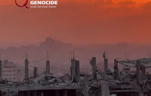 Thumbnail preview image for the video titled: Israeli soldier films panoramic view of Gaza's destruction under the sunset