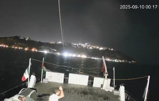 Thumbnail preview image for the video titled: Footage of the Israeli drone attack of the "Alma" ship on the Sumud Gaza Flotilla in Tunisian territorial waters