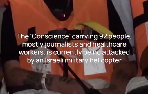 Thumbnail preview image for the video titled: The Conscience ship is currently under attack by an Israeli military helicopter