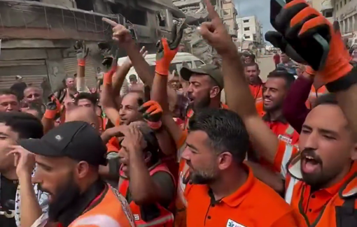 Thumbnail preview image for the video titled: Civil defense workers, paramedics, and journalists in Gaza City celebrate the announcement of a ceasefire