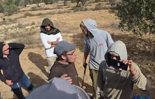 Thumbnail preview image for the video titled: Israeli settlers harass local Palestinian farmers while harvesting olives in their own land in Beita