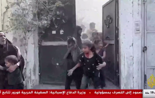 Thumbnail preview image for the video titled: Horrified women and children flee as men search for victims under the rubble of the Ghabboun family amid continued Israeli bombing