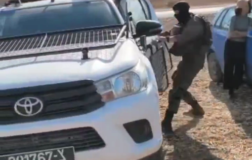 Thumbnail preview image for the video titled: In Khalat Makhul in Jordan Valley, settlers an soldiers work together to harass farmer during the olive harvest