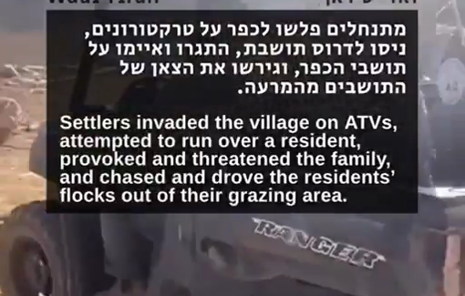 Thumbnail preview image for the video titled: In Wadi Tiran, settlers invaded the village on ATVs, attempted to run over a female resident