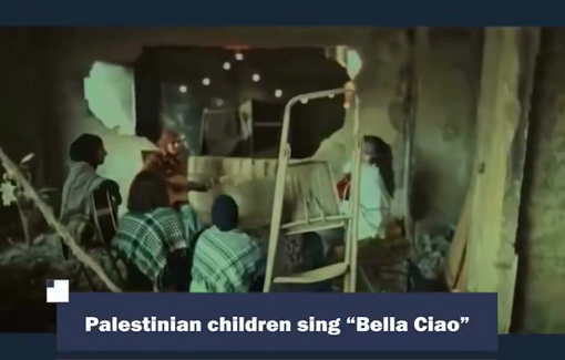 Thumbnail preview image for the video titled: Palestinian music teacher and her students sing “Bella Ciao” among the rubble of a destroyed building in #Gaza,