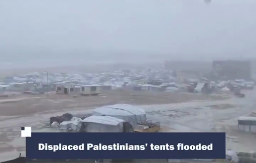 Thumbnail preview image for the video titled: The tents sheltering displaced Palestinian families were flooded by rainwater
