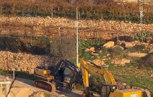 Thumbnail preview image for the video titled: Israeli bulldozers demolishing stone terraces and bulldozing agricultural land in the Al-Dhahr area of Beit Ummar