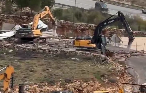 Thumbnail preview image for the video titled: Israeli forces demolish a commercial facility in the village of Jannatah, east of Bethlehem