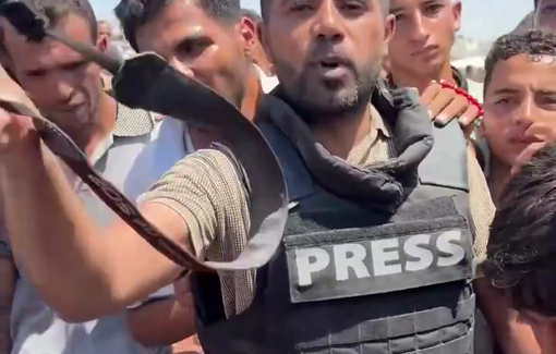 Thumbnail preview image for the video titled: On August 25, 2025, murdered journalist, Abdulraouf Shaat, held up the bloodied camera of Moaz Abu Taha