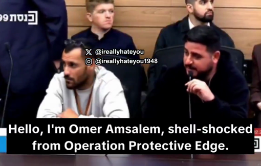 Thumbnail preview image for the video titled: Post traumatic soldier Omer Amsalem and his fellow veteran Guy Zaken lash out at MK Ahmad Tibi at a Knesset committee meeting