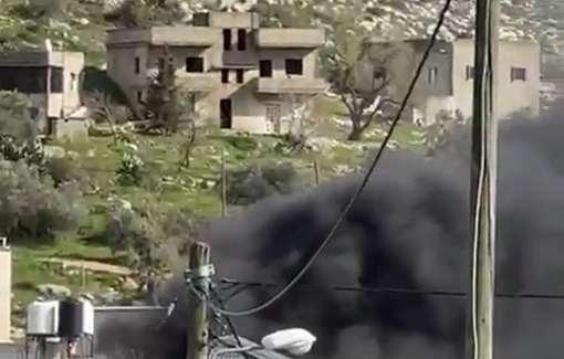 Thumbnail preview image for the video titled: In Jalud, large gang of settlers attack residents and set fire to a Palestinian home