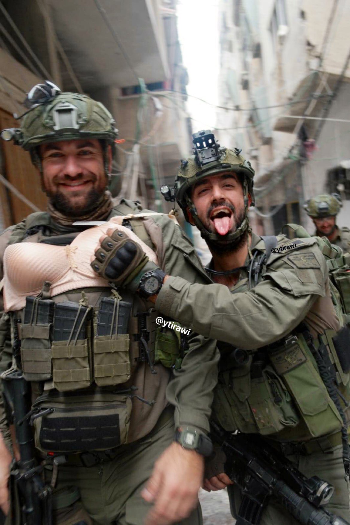 Thumbnail preview image for the video titled: Two Israeli soldiers simulate a sexual assault using women's lingerie from Gaza