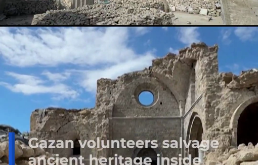 Thumbnail preview image for the video titled: Volunteers in Gaza are salvaging rare manuscripts from the war-damaged library of the Great Omari Mosque.