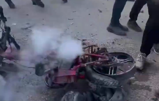 Thumbnail preview image for the video titled: Israeli forces strike an electric bicycle on Salah al-Din Street in the central Gaza Strip, leaving two casualties