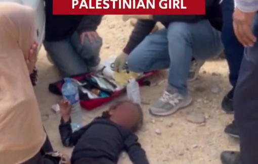 Thumbnail preview image for the video titled: In Umm al-Khair a five year old girl suffers a head injury from a settler ramming attack