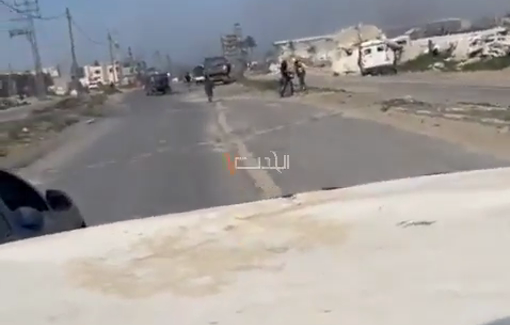 Thumbnail preview image for the video titled: First footage after the bombing of a police vehicle by an Israeli airstrike killing 9 officiers