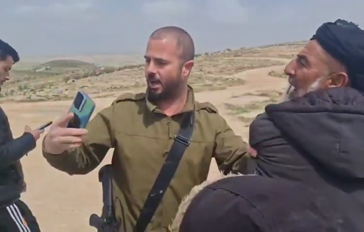 Thumbnail preview image for the video titled: In Al-Mufaqarah, armed settler, Binyamin Zarbiv held an elderly shepherd until other soldiers arrived