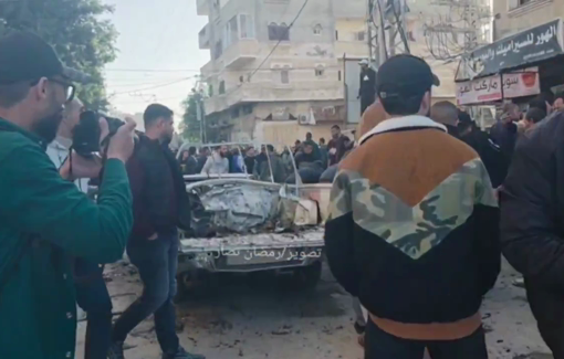 Thumbnail preview image for the video titled: The first moments of the Israeli airstrike on a police vehicle in Nuseirat