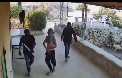 Thumbnail preview image for the video titled: A group of masked settlers, caught on a home’s security camera in Qawawis, break into homes and terrorize Palestinians