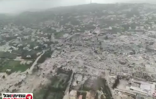 Thumbnail preview image for the video titled: Amit Segal, just posted aerial footage of Bint Jbeil turned to dust & smugly called it “light renovation by our forces.”