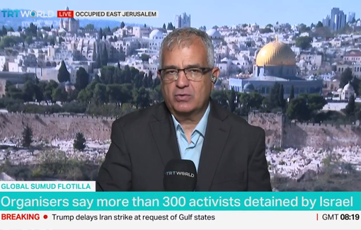 Thumbnail preview image for the video titled: Israeli forces seize more than 40 vessels participating in Global Sumud flotilla and detain around 400 activists, according to Israeli media