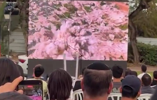 Thumbnail preview image for the video titled: Crowd cheers montage of Israel's annihilation of southern Lebanon at homecoming party