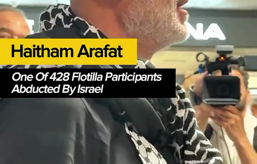 Thumbnail preview image for the video titled: Haitham Arafat, a Palestinian American Flotiall activisr about US complicity and dehumanization process of Israeli 'concentration camps"