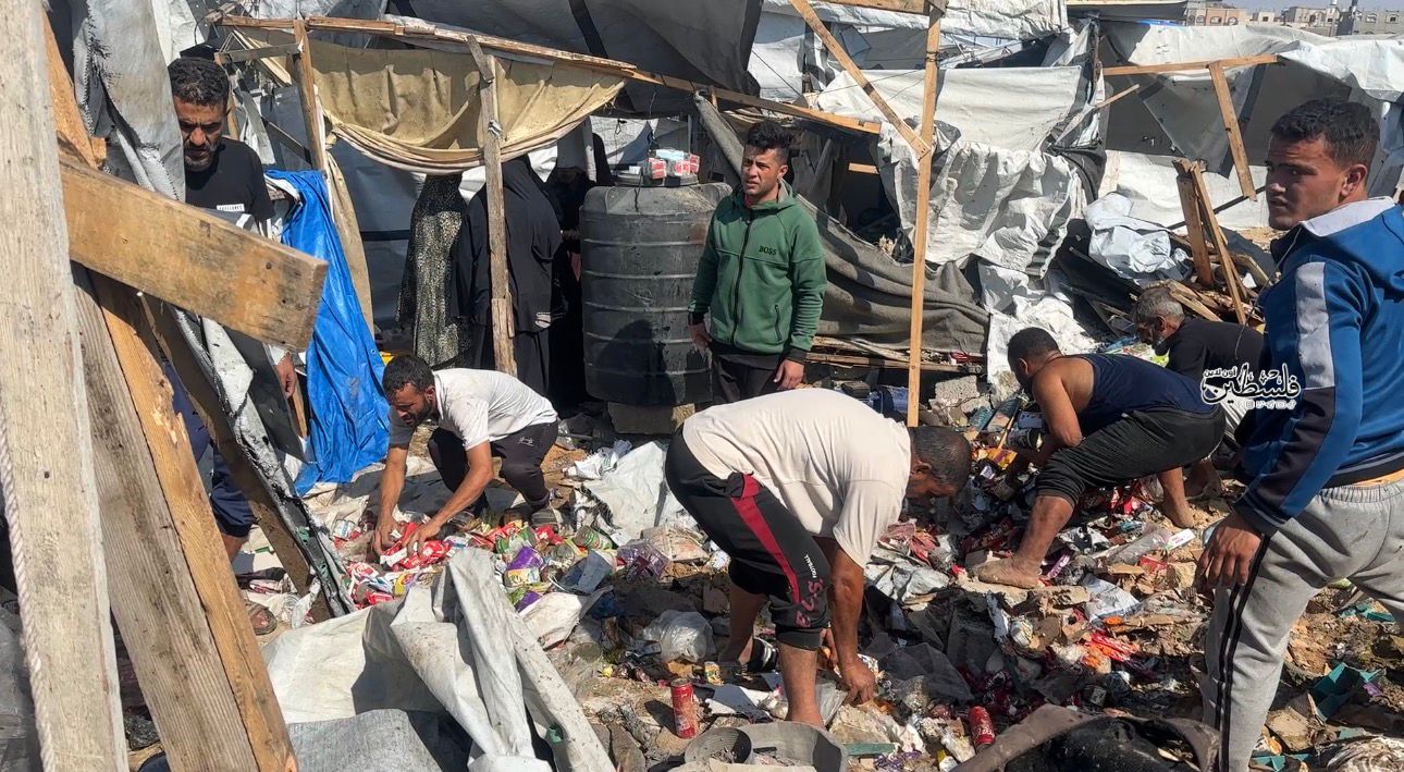 Thumbnail preview image for the video titled: Wreckage of tents following Israeli airstrike on tent selling snacks
