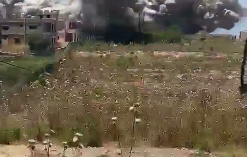 Thumbnail preview image for the video titled: Israeli airstrike reducing a building in Arzai to rubble