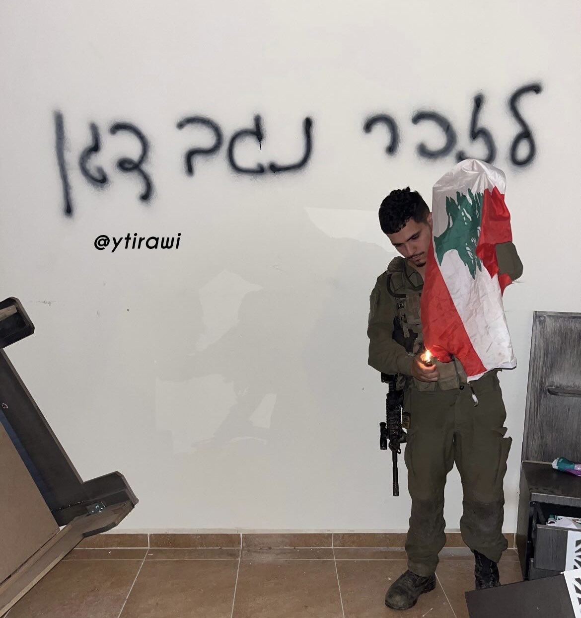 Thumbnail preview image for the video titled: Israeli soldier sets fire to Lebanese flag inside a civilian house he invaded and ransacked