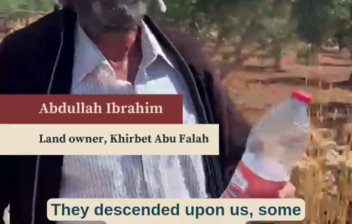 Thumbnail preview image for the video titled: Testimonies of Palestinian owners and Israeli activists attacked by gangs of settlers in Khirbet Abu Falah