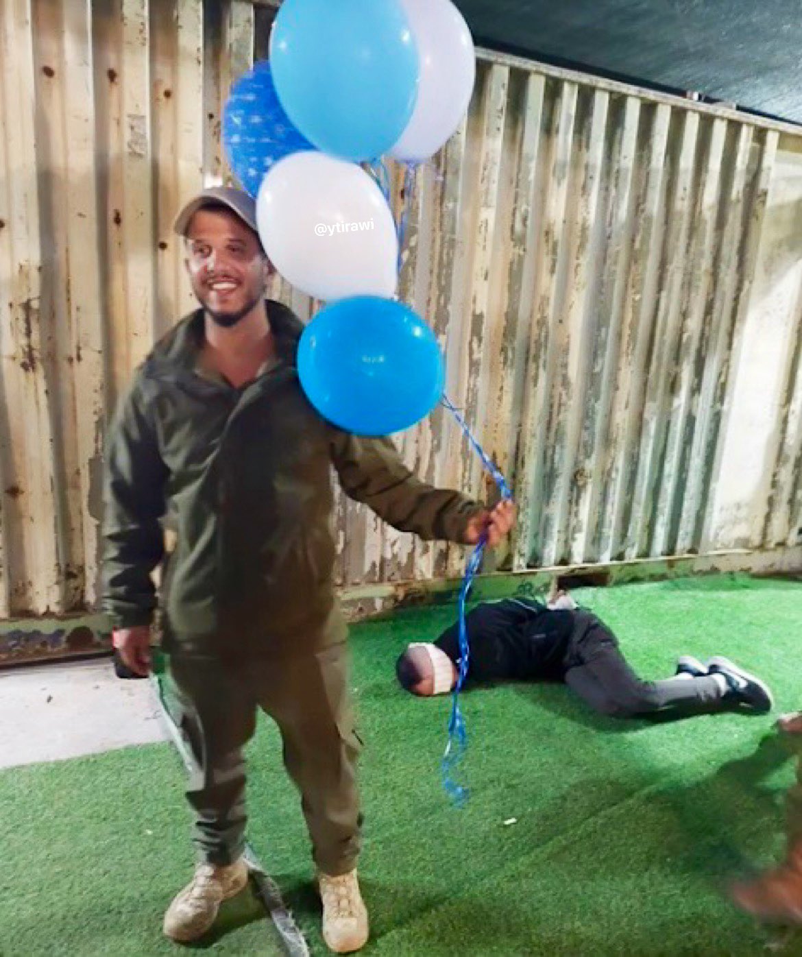 Thumbnail preview image for the video titled: An Israeli soldier celebrating his birthday beside a kidnapped Palestinian from Jenin
