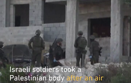Thumbnail preview image for the video titled: Israeli soldiers abducting the body of Qais al-Bitawi after his targeted assassination near Jenin