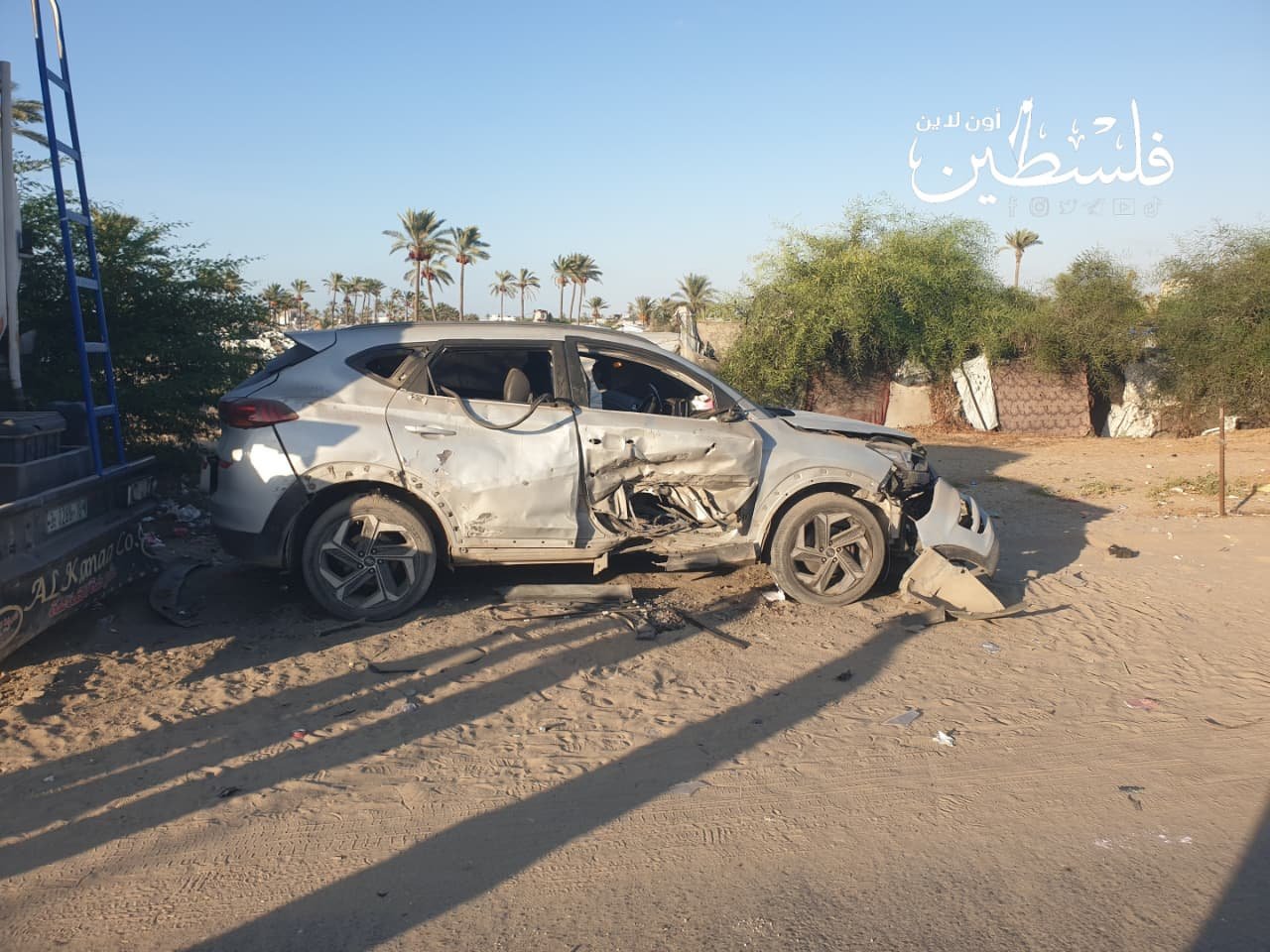 Thumbnail preview image for the video titled: Wreckage of car struck by Israeli drone on Asdaa Street in Khan Younis